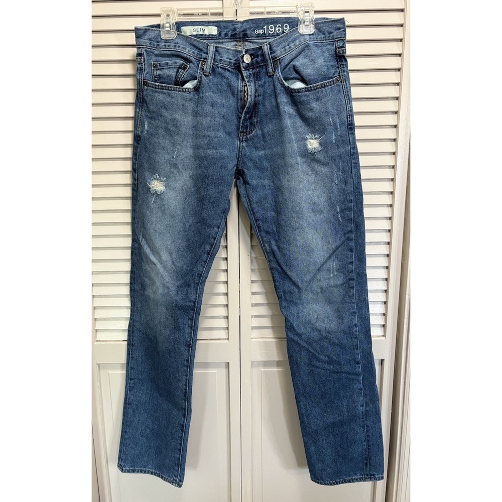 Gap 1969 Slim Med Wash Straight Leg Denim Jeans Size 30x30 Low Rise Zip Logo